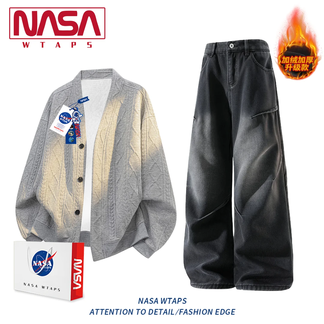NASA WTAPS美式菱形提花开衫加绒卫衣套装男秋冬季肌理感穿搭套装