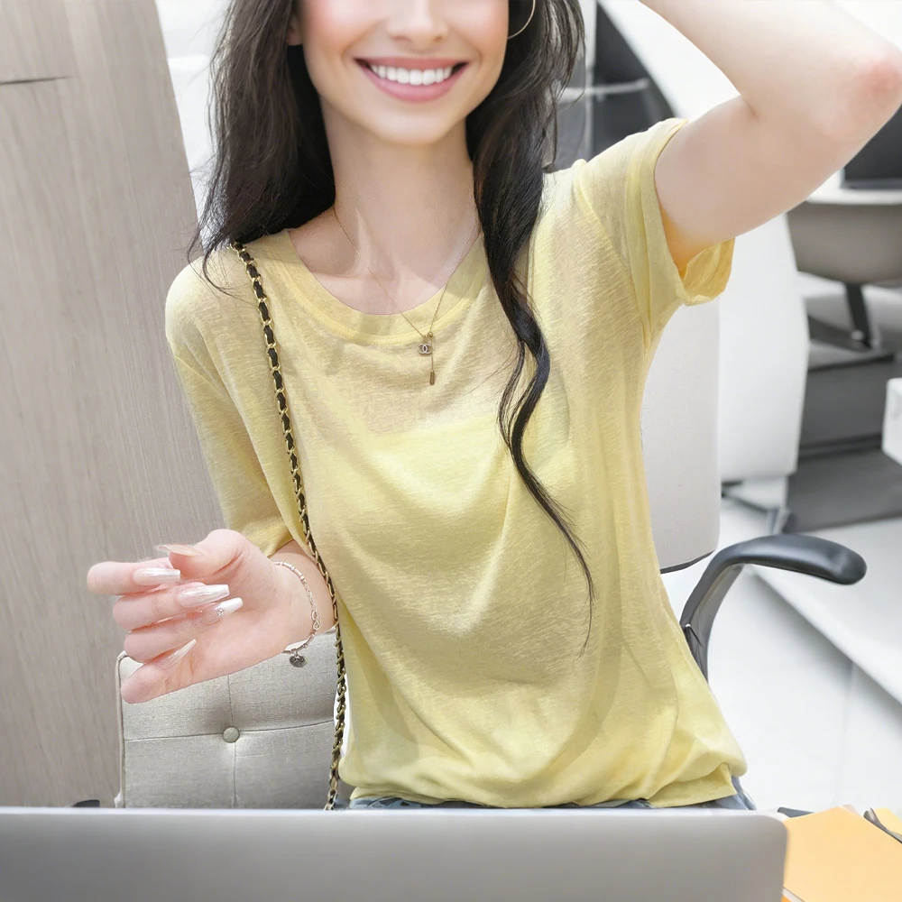 夏季轻薄凉爽透气雪花棉修身圆领短袖洋气百搭显瘦T恤别致上衣女