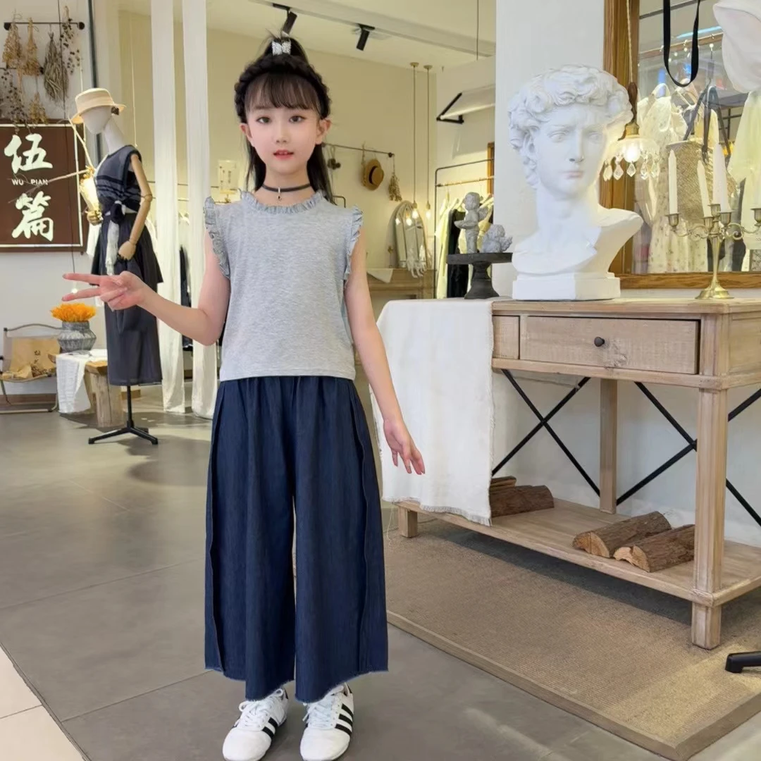 2025新款女童天丝阔腿裤夏季新款时尚女孩背心两件套洋气