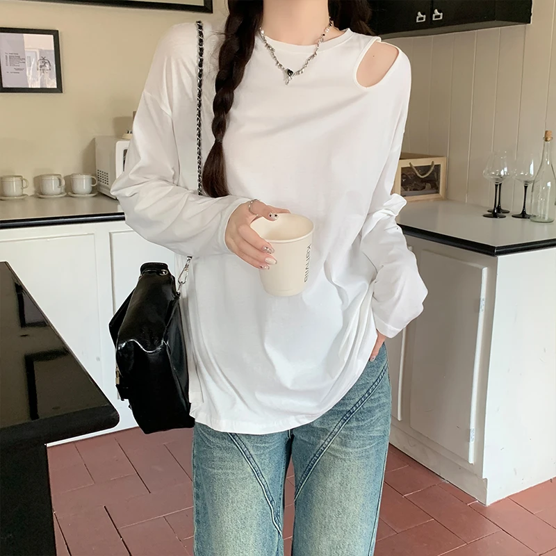 镂空长袖打底t恤女打底衫宽松上衣白色百搭纯色韩版薄款圆领春秋