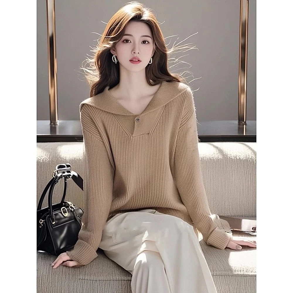 秋季女款韩系穿搭套头毛衣超好看温柔独特卡其色长袖针织衫上衣女