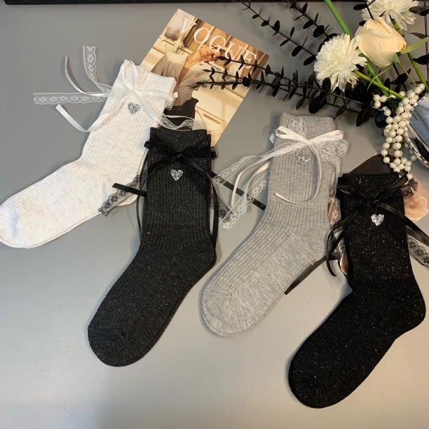 秋款银丝烫印爱心飘带蝴蝶结高筒袜