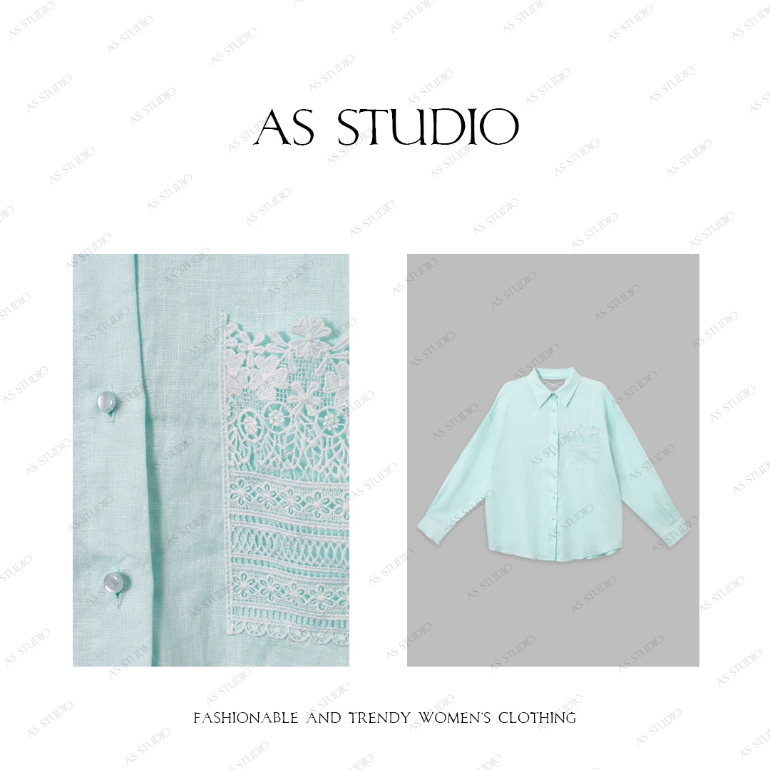 【AS绿妍】25新重磅亚麻时尚后背镂空拼接蕾丝衬衫AS25CCY3955