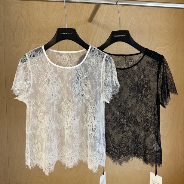 JJ私服上衣黑白两色透视短款镂空蕾丝罩衫打底衫时尚百搭夏季小衫