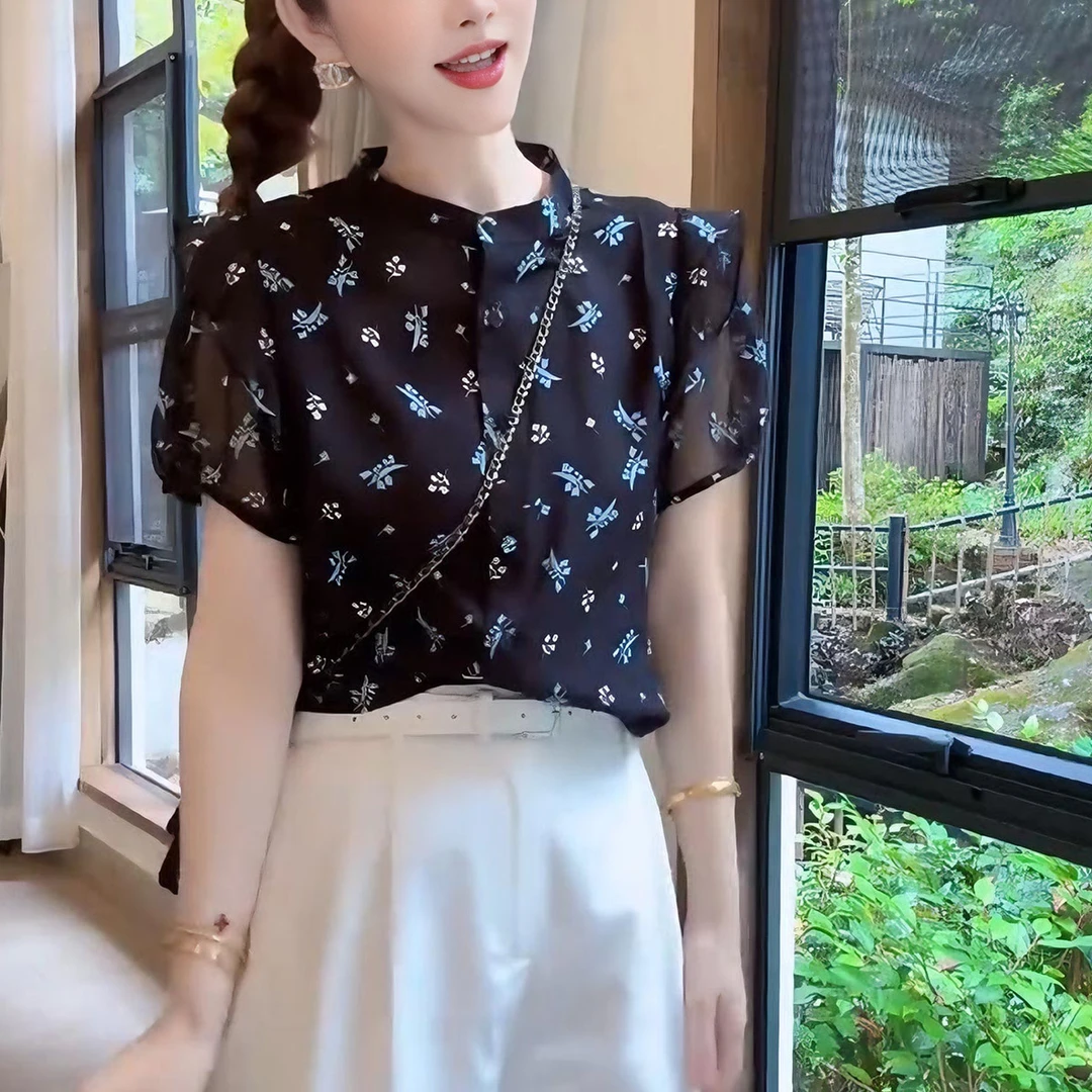 韩版高级感气质碎花短袖衬衫女装2025年夏季新款时尚减龄宽松上衣