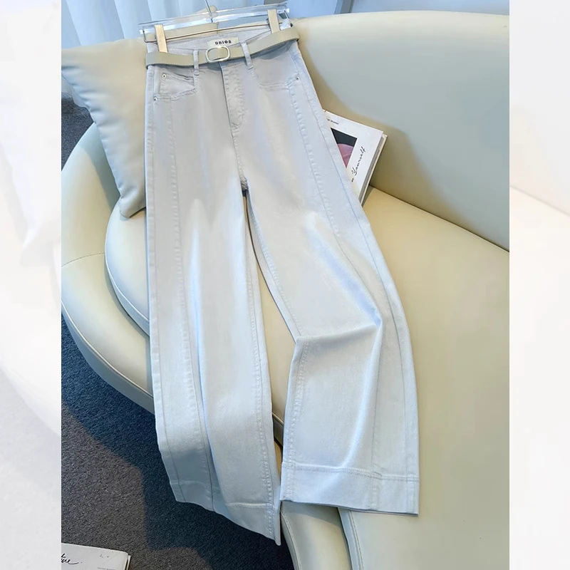 拉夏贝尔灰白色阔腿牛仔裤女春秋2025年新款时尚高腰垂感直筒裤子