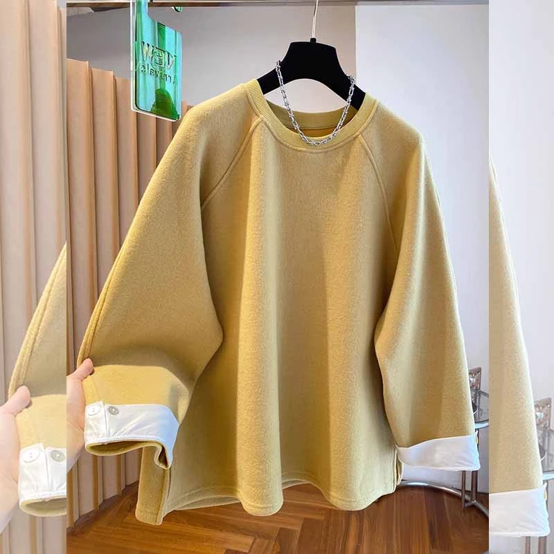 高级感拼色卫衣女秋冬季大码新款宽松休闲简约套头圆领打底衫上衣