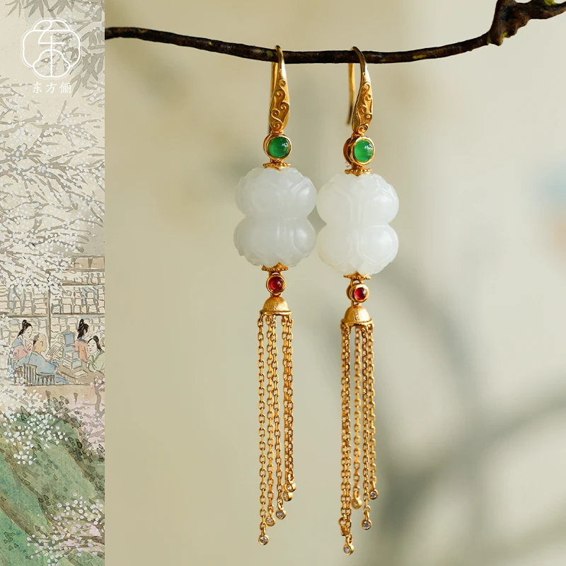 东方俪DOFUNLY【莲雨足】和田玉流苏并蒂莲耳坠18K金高级感WYEZ空谷