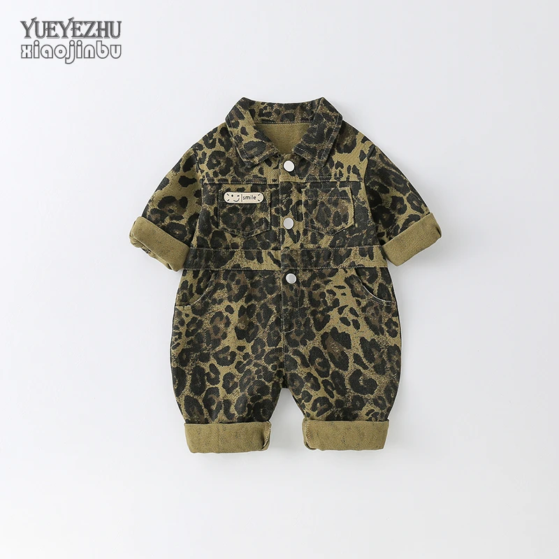 男宝宝豹纹衣服秋装婴儿连体衣春秋洋气帅气时尚牛仔哈衣爬服外穿
