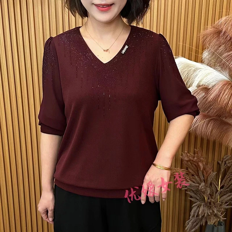 妈妈装春季新款洋气V领烫钻宽松显瘦百搭长袖中老年女装上衣A6818