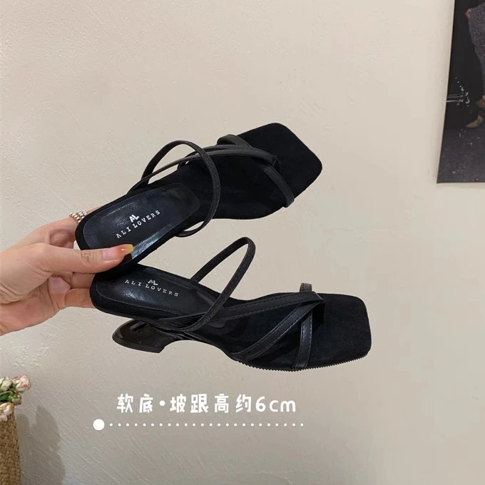 【明星同款】6cm夹趾两穿异形跟坡跟凉拖鞋夏季新款法式气质人字
