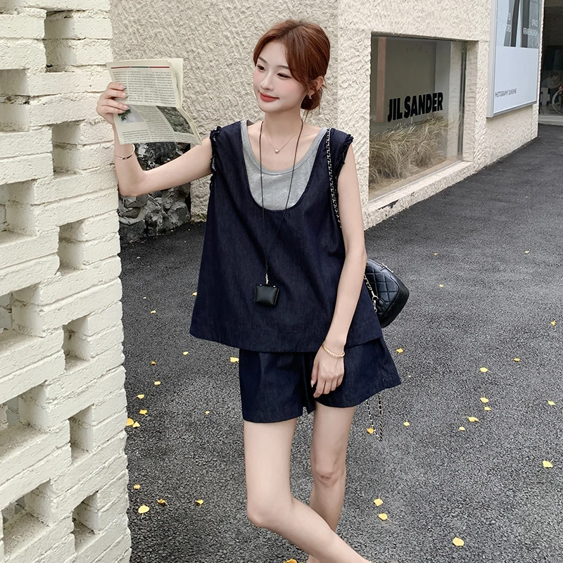 洋气衣服女2025新款老钱风休闲夏季牛仔拼接假两件短裤减龄套装女