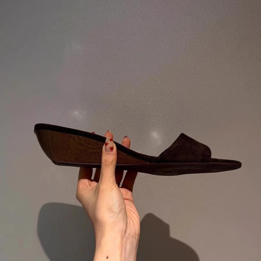 羊皮版~绝美木纹坡跟真皮高跟拖鞋女夏外穿法式小凉拖一字半拖鞋