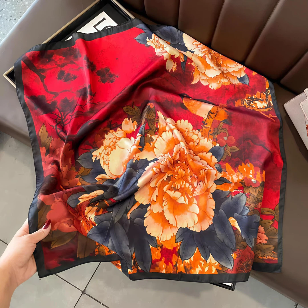 【国色牡丹】丽锦缎小方巾70x70女士春秋时尚大气丝巾围巾WJ 607