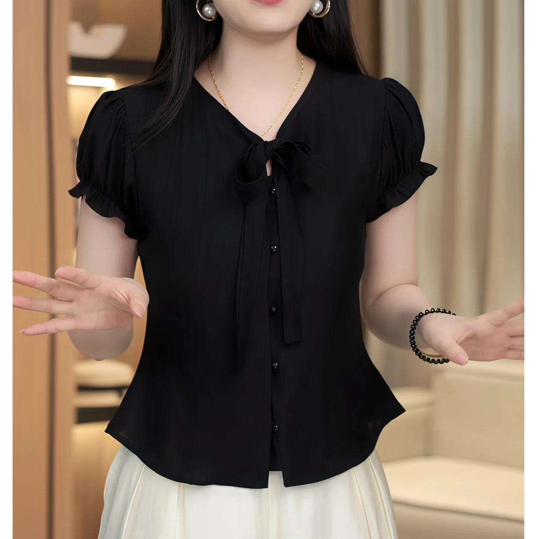 高级感复古黑色泡泡袖衬衫女装夏季气质V领显瘦百搭上衣2025新款