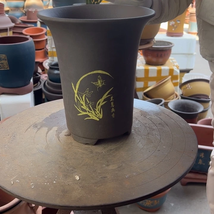 紫砂紫泥印金兰花盆22 口径22×25