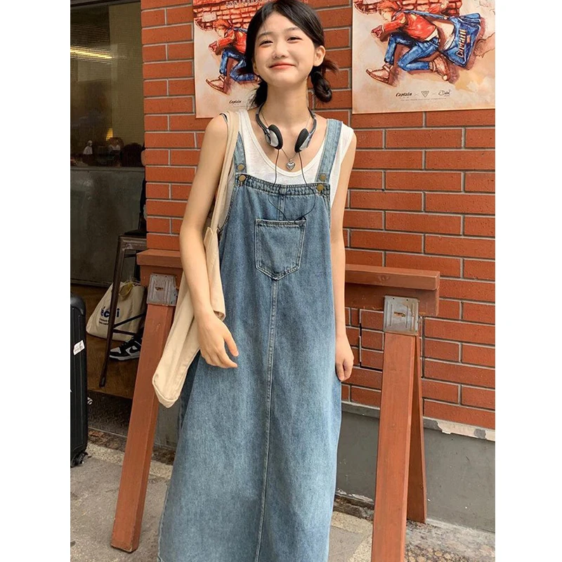 时髦复古牛仔背带裙长裙女宽松显瘦设计感吊带连衣裙长裙ins百搭