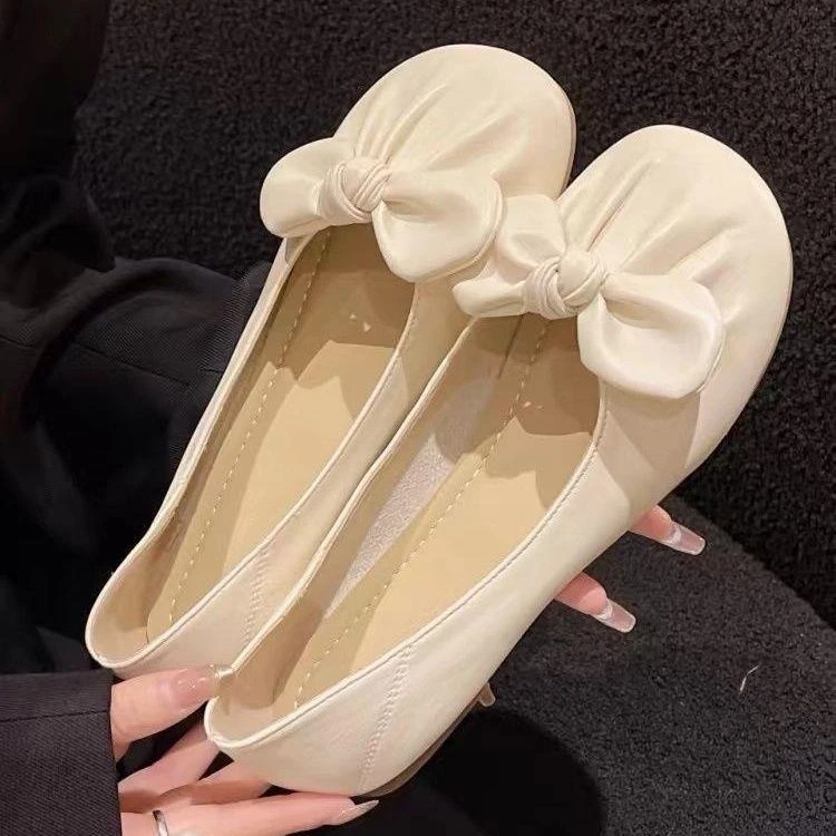 复古奶奶鞋女夏平底2025新款浅口软底配裙豆豆鞋一脚蹬蝴蝶结单鞋