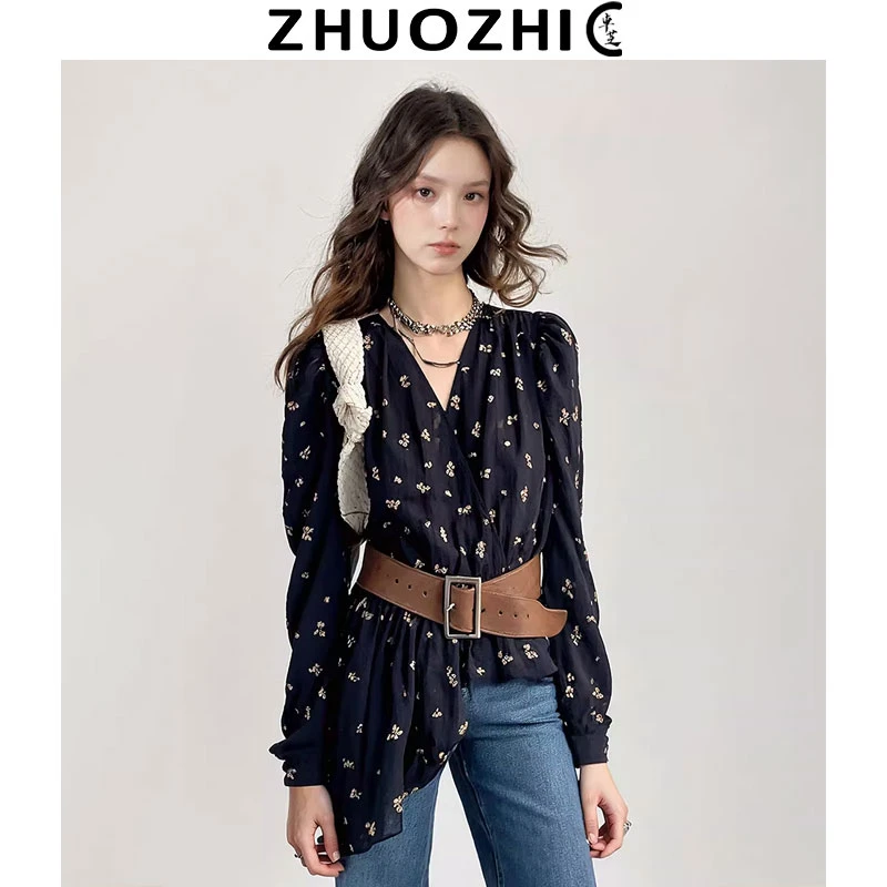 [卓芝]法式波嬉风不规则泡泡袖碎花衬衫2025夏季新款休闲百搭上衣