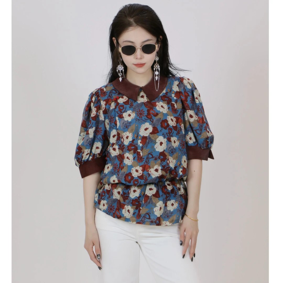 【卓日雅】2211复古短袖改良蒙古服饰碎花休闲夏季设计感