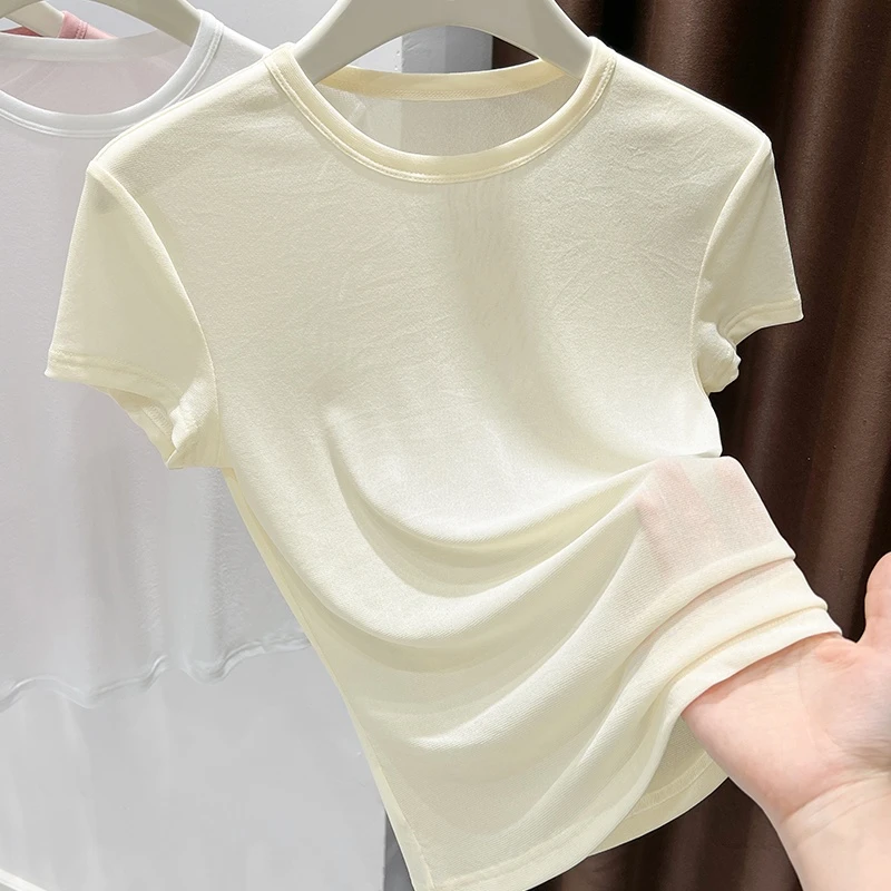 杏色时髦洋气修身显瘦透气网纱薄款短袖T恤2025夏季清凉感上衣女