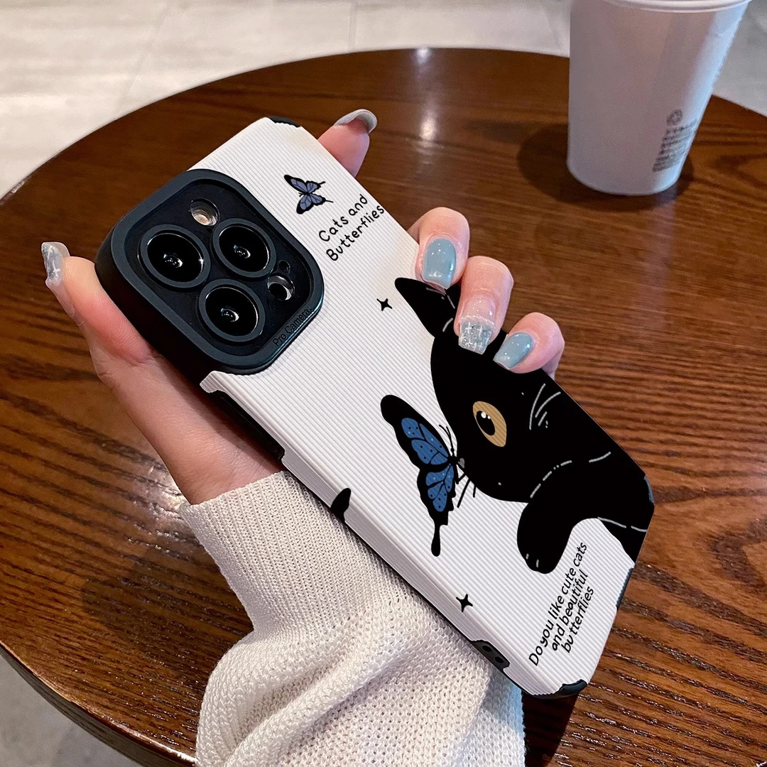 适用vivox200pro手机壳x100新款x90皮纹硅胶x80防摔蓝蝴蝶小黑猫