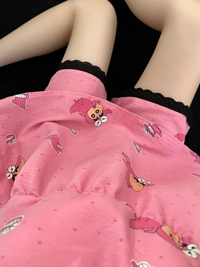 甜美粉色蕾丝边波点蜡笔小新带胸垫吊带睡衣女夏季新款套装家居服