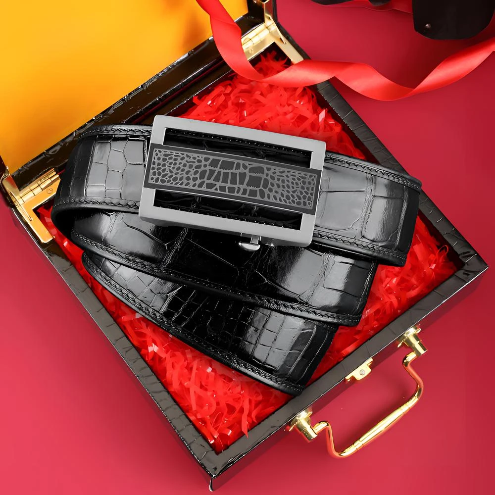 暹罗鳄鱼肚皮腰带男真皮商务休闲裤带男士礼盒自动扣平滑扣3.4宽