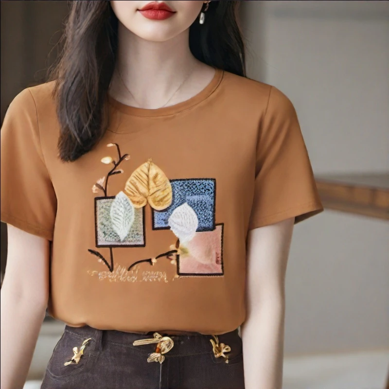 【树叶】1刺绣短袖T恤女夏季2025百搭别致休闲宽松上衣百搭半袖上衣