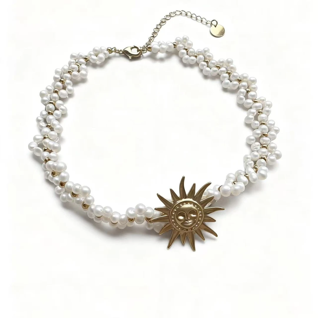 黄铜手链 金人脸小太阳米珠珠法式复古手链小众