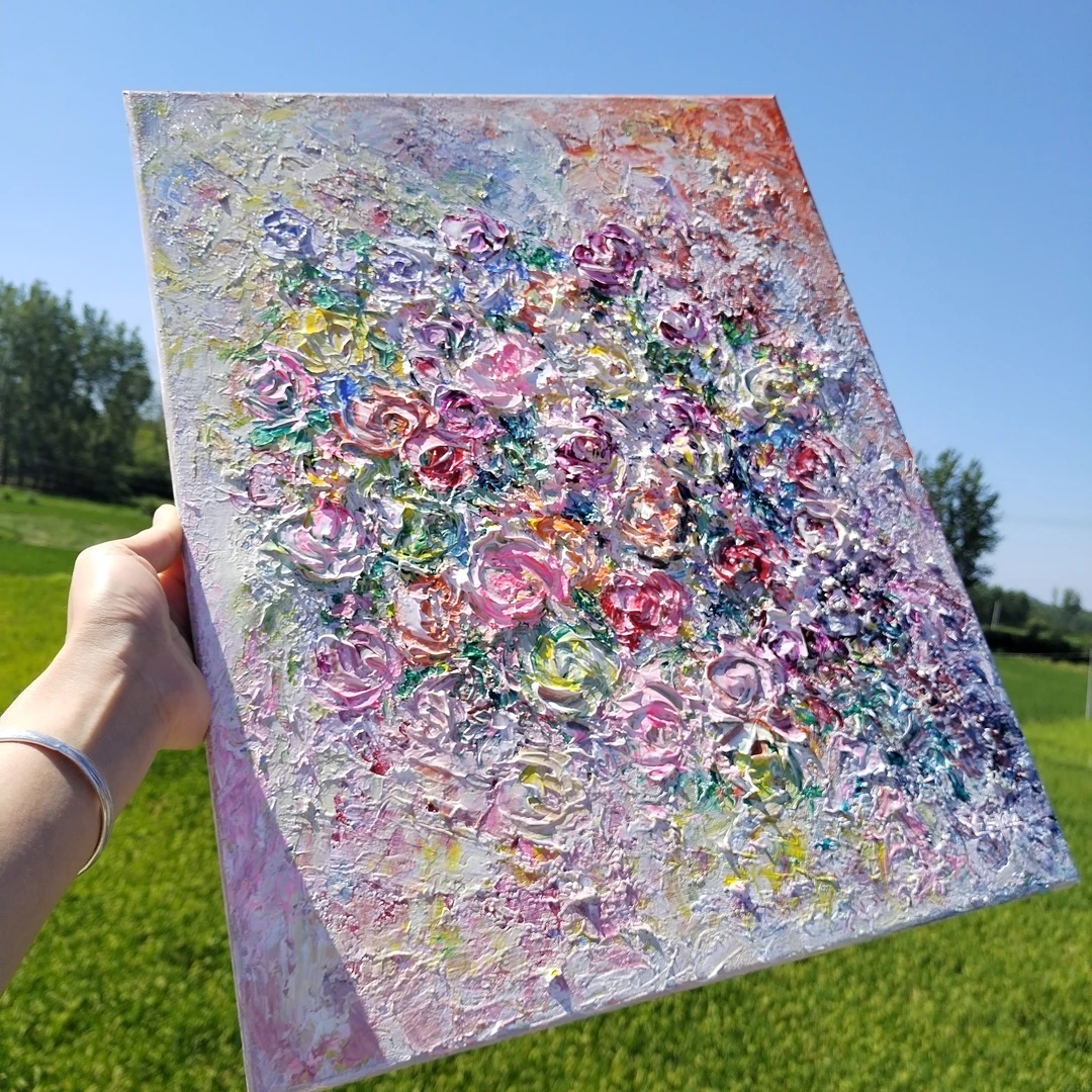 玫瑰花卉手绘油画侘寂风客厅玄关装饰画小众艺术感挂画