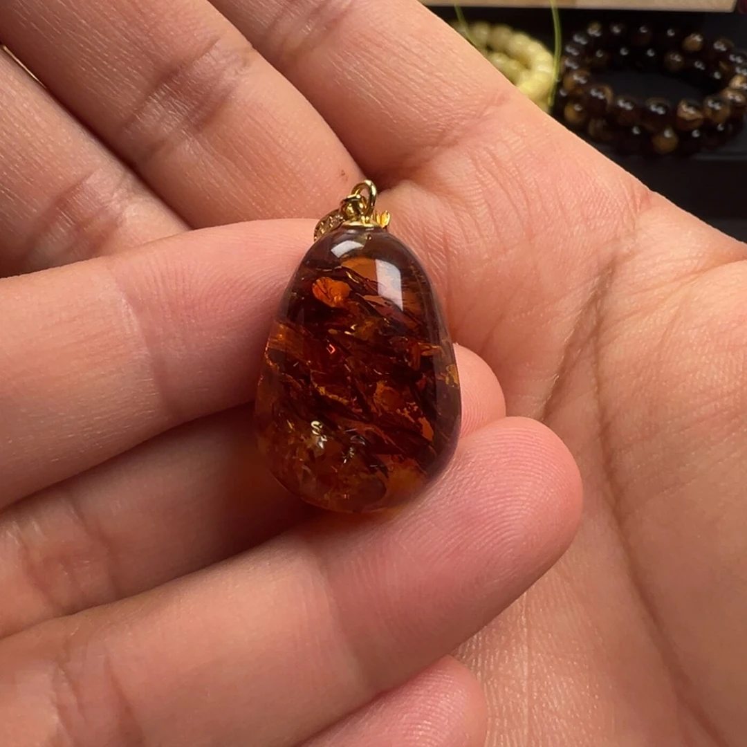 琥珀（花珀）吊坠(不含链)银S925镀金镶嵌水滴吊坠