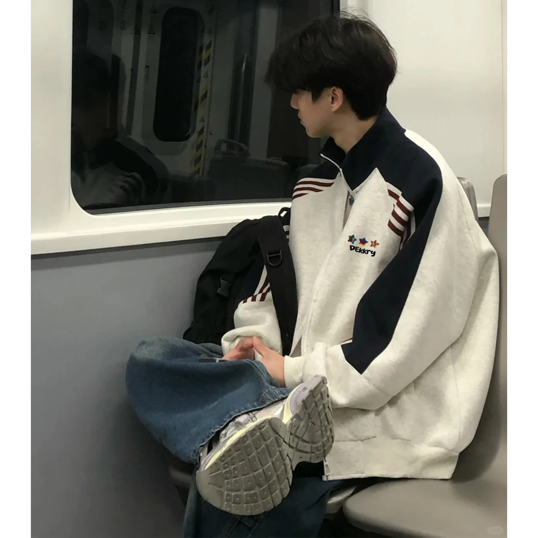 美式个性星星字母印花立领拼接三条杠开衫外套男女秋冬季休闲卫衣