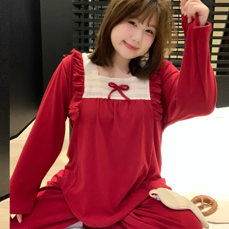 冬季德绒红色喜庆大码睡衣女套装胖MM加肥加大保暖休闲甜美家居服