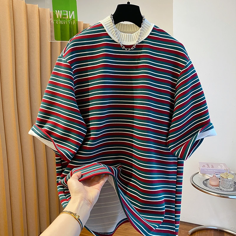 韩系减龄条纹圆领短袖T恤上衣女早春新款大码宽松遮肚内搭打底衫