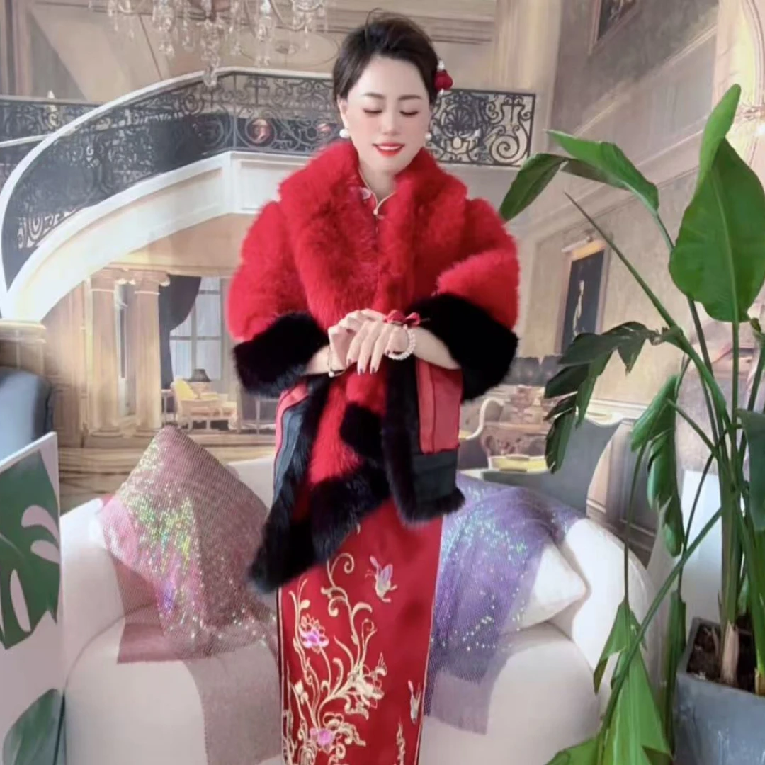 喜婆婆喜妈妈冬季保暖加厚毛领披肩