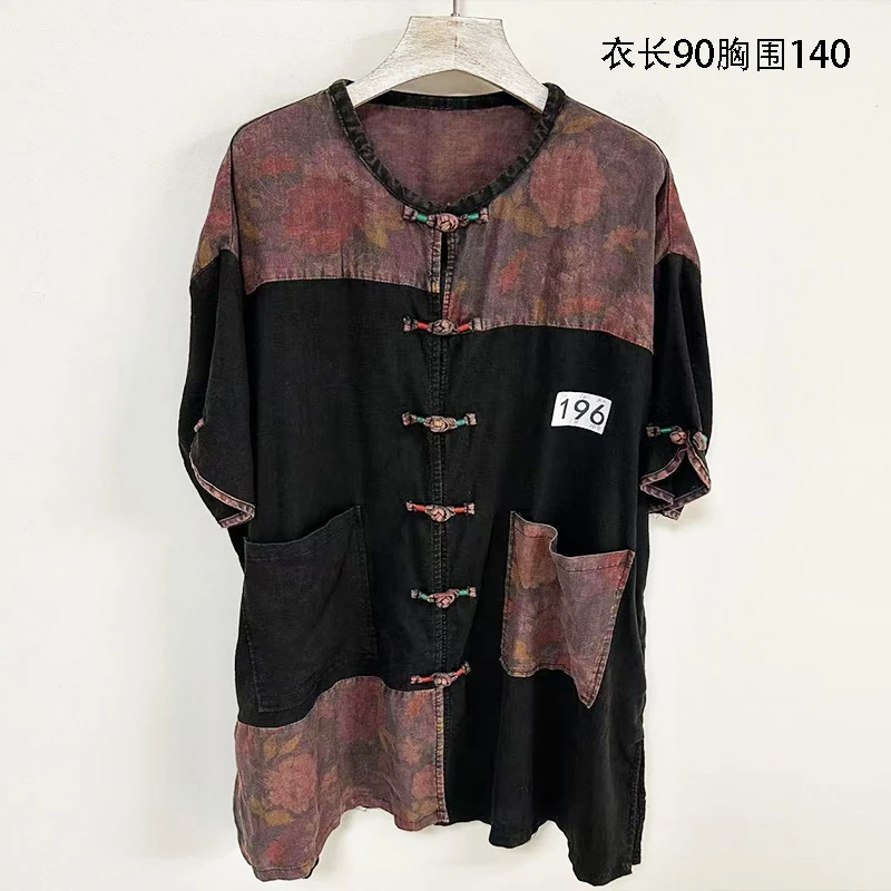 196飞飞家新款亚麻炒色做旧宽松复古圆领盘扣百搭时尚短袖T恤女