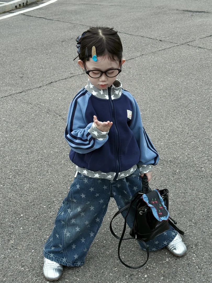 女童2025秋季新款星星印花长袖外套花边打底衫时尚牛仔裤两件套潮