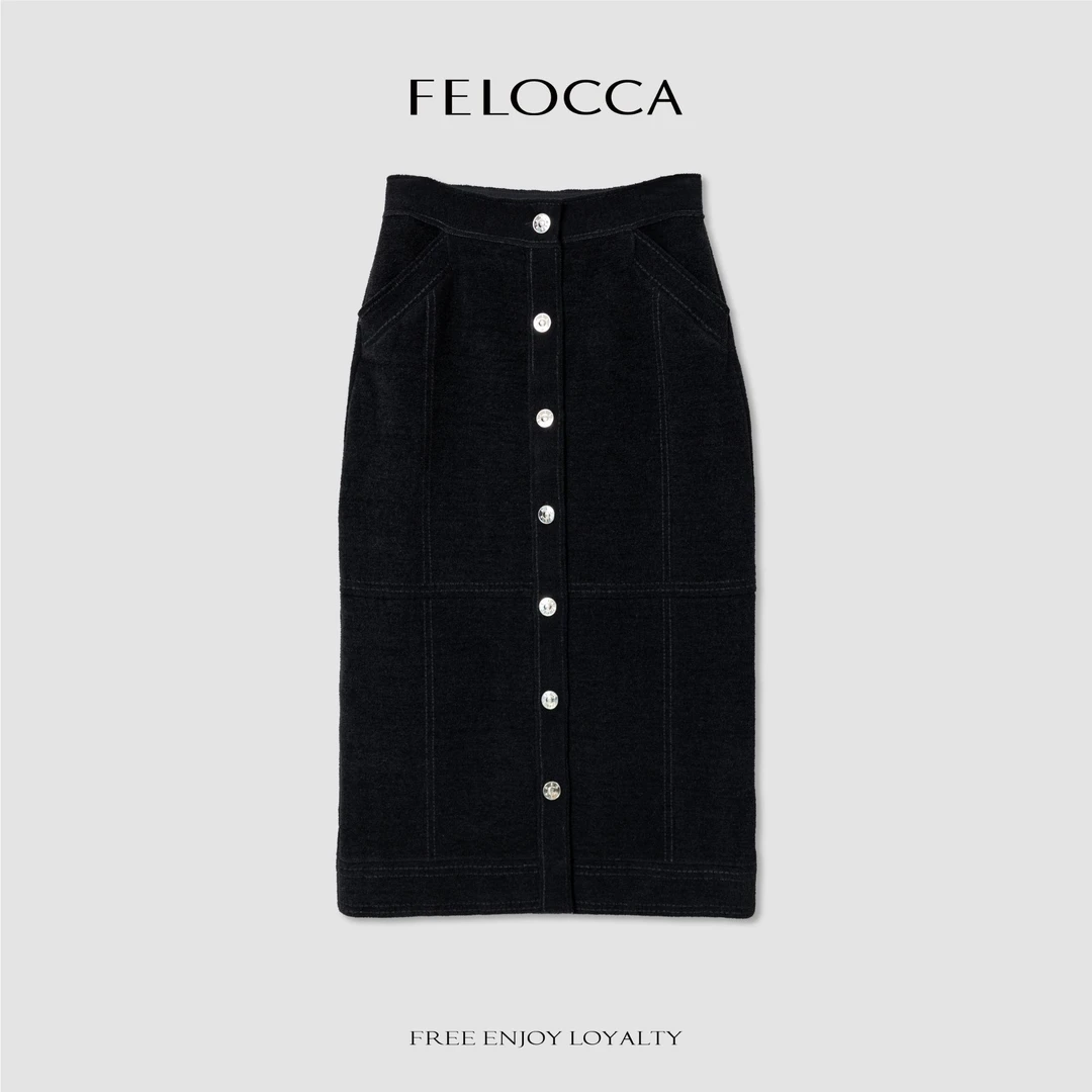 【FELOCCA】排扣毛织休闲气质时尚中长半裙CC2564