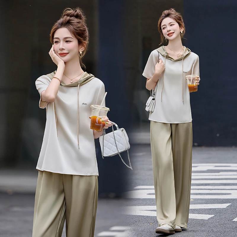 时尚通勤套装女2025夏季新款休闲宽松连帽上衣阔腿裤复古两件套潮