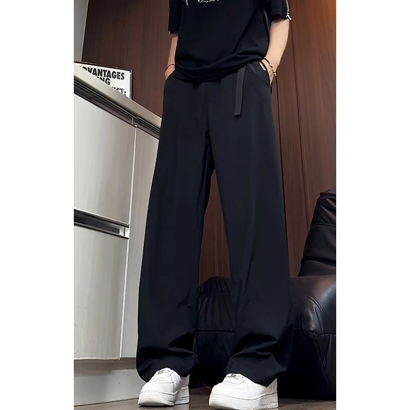 腰带松紧男士冰丝裤子夏季薄款直筒宽松休闲裤黑色百搭微喇阔腿裤