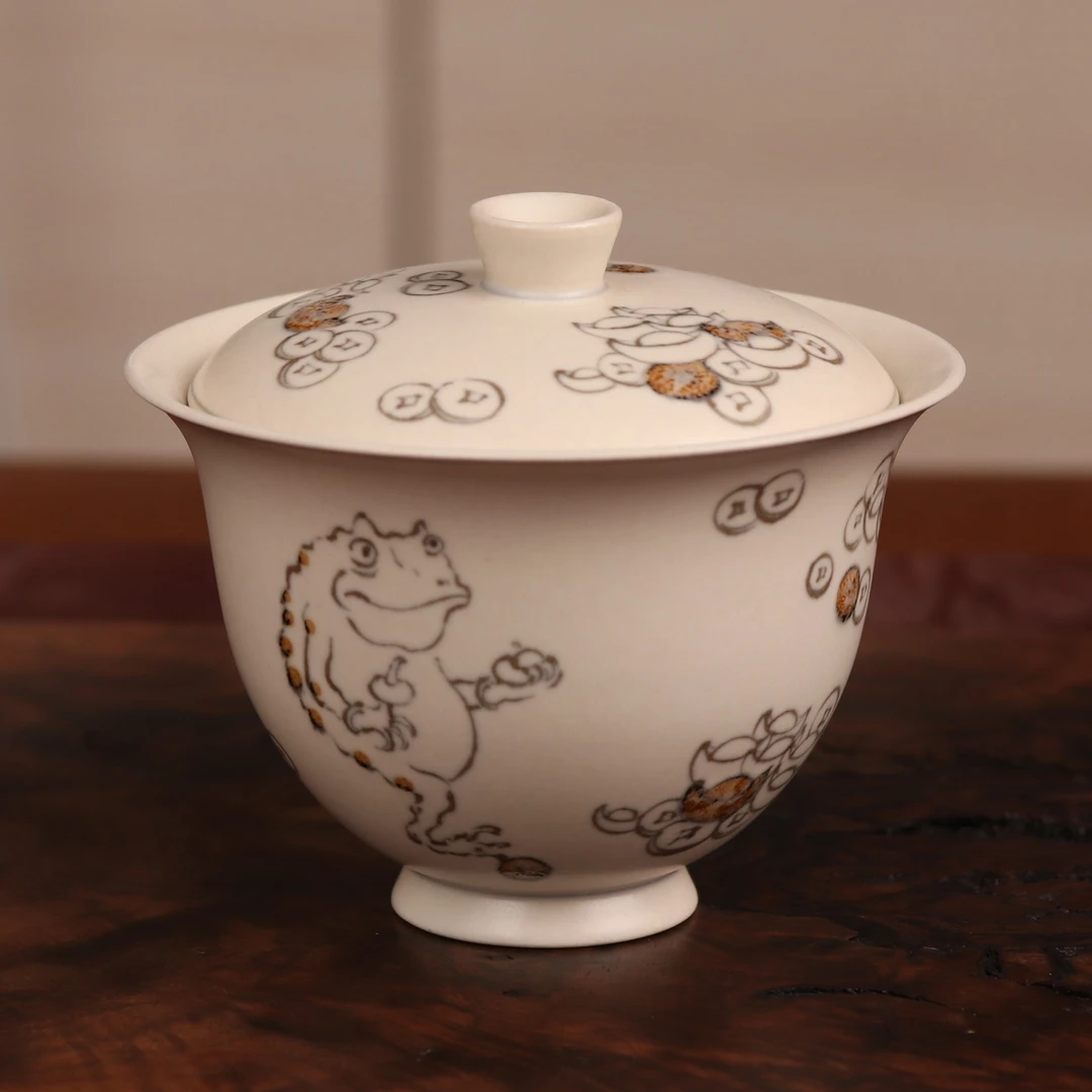 素雅招财金蟾盖碗 纯手工手绘陶瓷