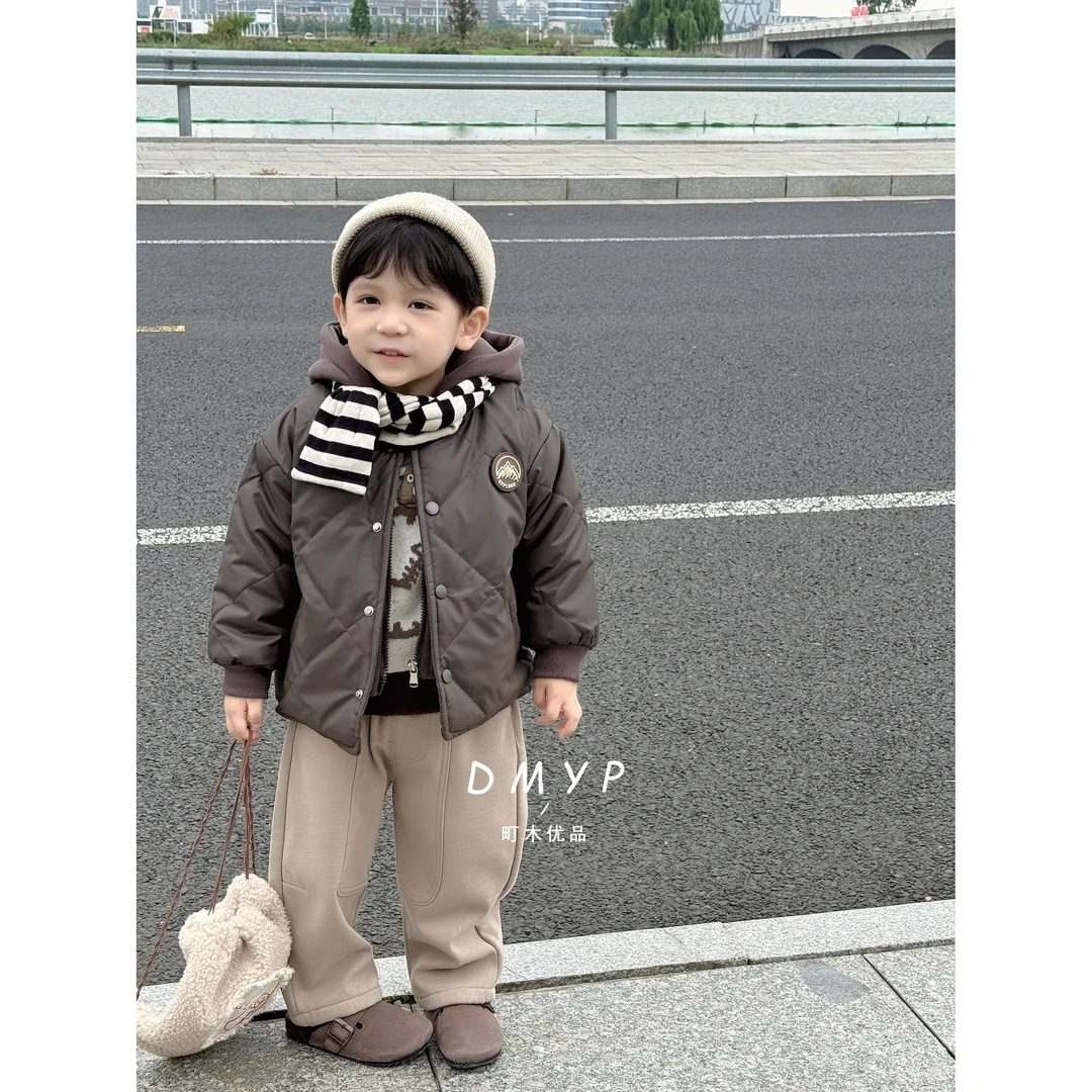 【町木优品】儿童男童冬季新款贴标纯色格子加棉假两件外套 WT362