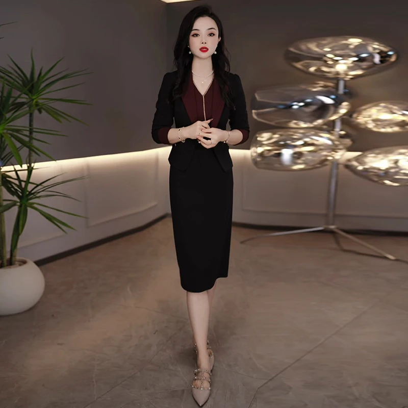 2025秋季新款黑色西装套装女中老年妈妈装时尚气质连衣裙两件套