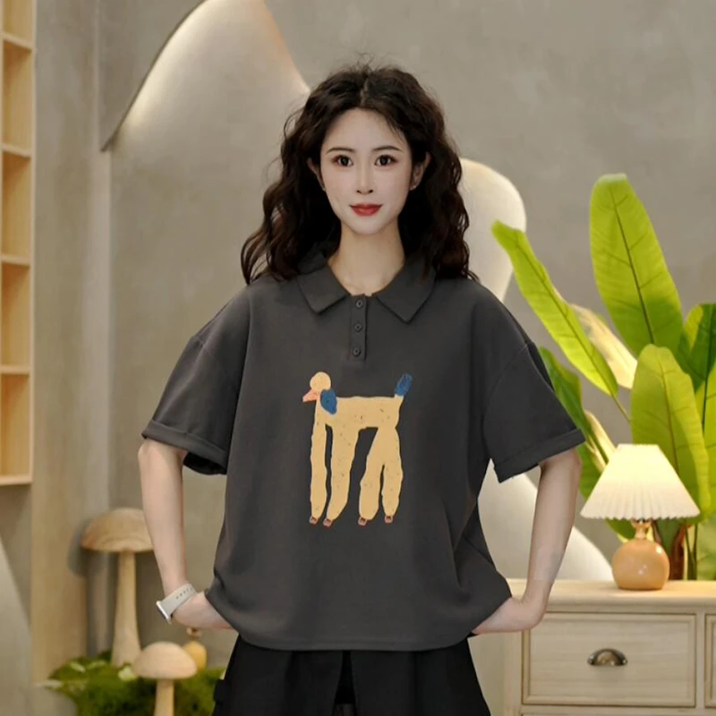 6702 夏季新款长腿小狗印花T恤休闲百搭宽松翻领短袖上衣
