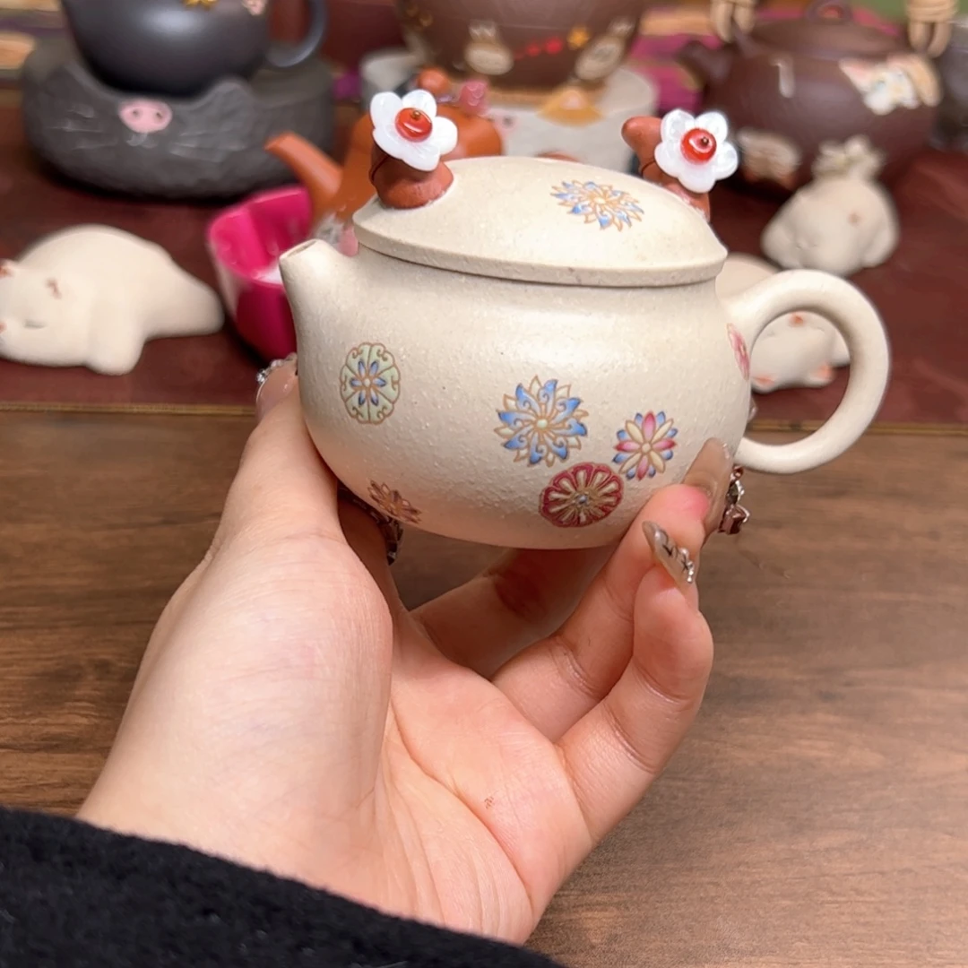 茶壶紫砂白段鹿 皮球花 135ml