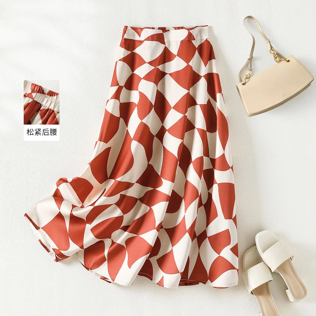 IHIMI/海谧大摆缎面飘逸半身裙长裙2025夏季复古几何印花半身裙女