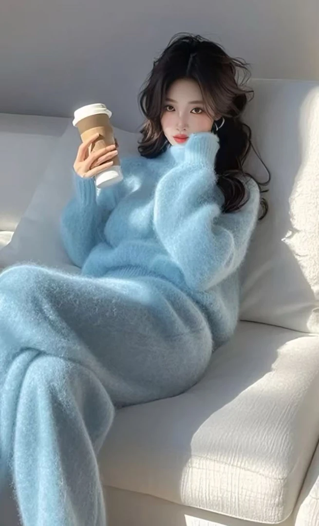 冬天御姐穿搭套装时尚洋气高级感蓝色休闲毛衣2024超火两件套冬装