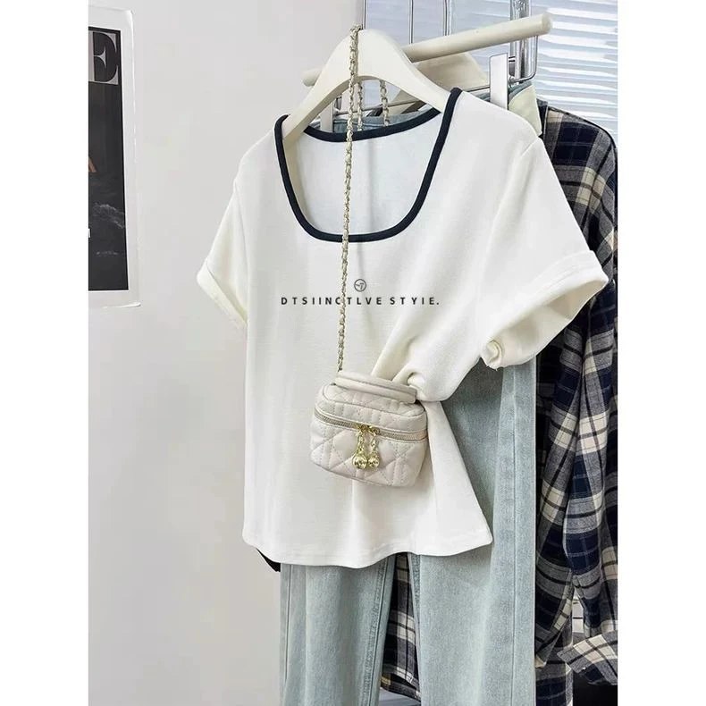 法式方领上衣夏季2025新款独特别致设计感小众宽松短袖正肩t恤女