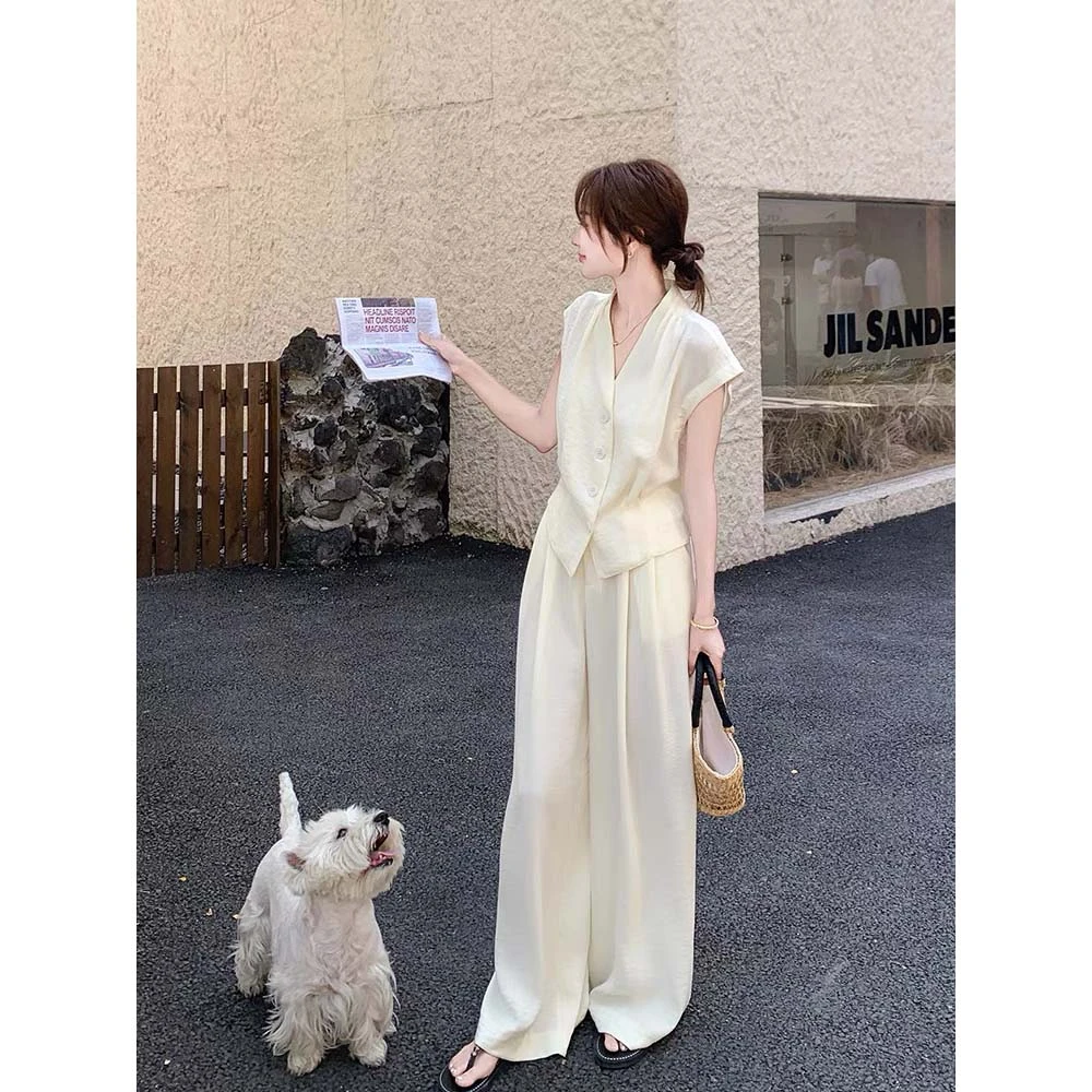 夏装穿搭一整套减龄女夏季2025新款法式马甲阔腿裤套装两件套2558